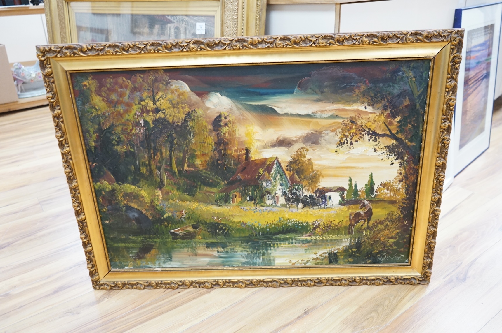 1970's, oil on canvas, Surreal scene with stream and horses before cottage, indistinctly signed, 59 x 90cm, ornate gilt frame